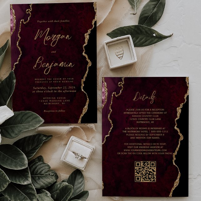 Burgundy Red Agate Script QR Code Wedding Invitation (Creator Uploaded)
