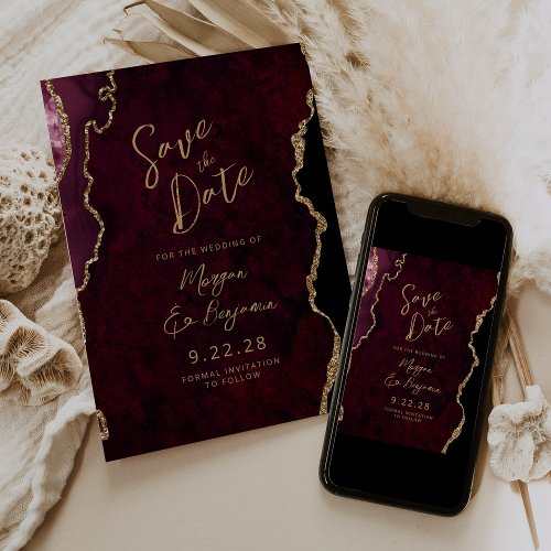 Burgundy Red Agate Script Wedding Save the Date