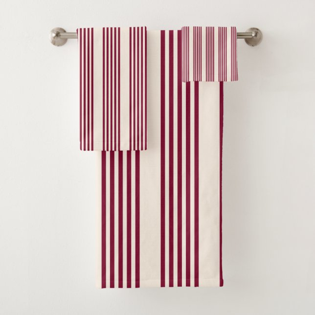 Burgundy red and beige five stripe pattern bath towel set (Insitu)