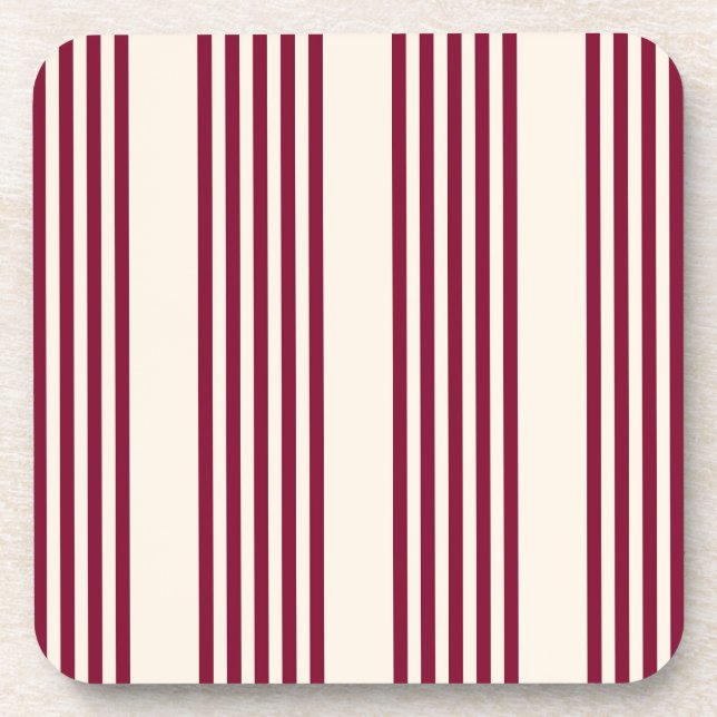 Burgundy red and beige five stripe pattern beverage coaster (Front)