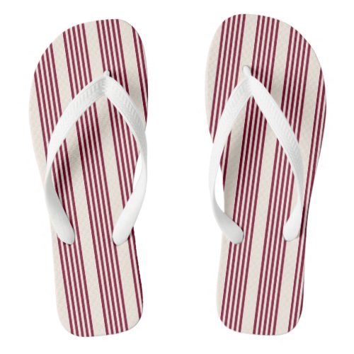 Burgundy red and beige five stripe pattern flip flops