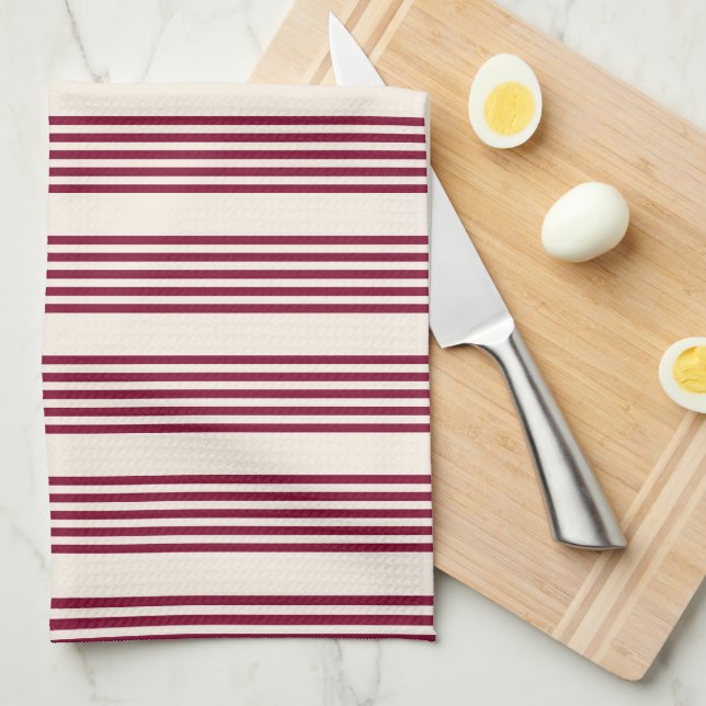 Burgundy red and beige five stripe pattern kitchen towel (Quarter Fold)