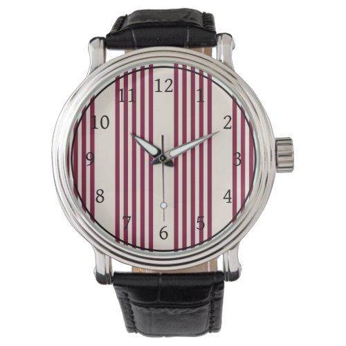 Burgundy red and beige five stripe pattern watch