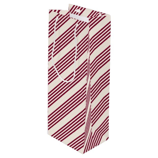 Burgundy red and beige five stripe pattern wine gift bag (Front Angled)