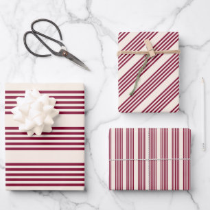 Burgundy red and beige five stripe pattern wrapping paper sheets
