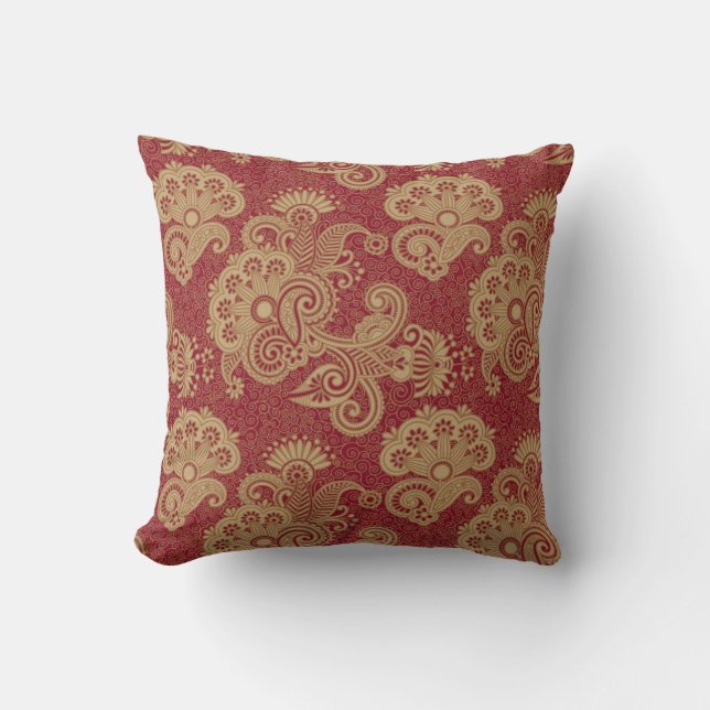 Burgundy Red And Beige Floral Swirls Design Throw Pillow (Front)