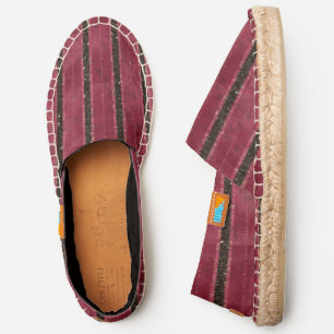 Burgundy red and black striped faux glitter espadrilles
