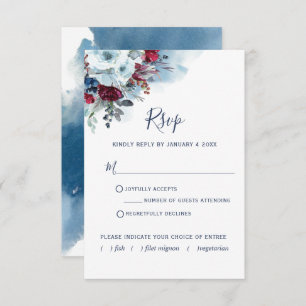 Burgundy Red and Blue Floral and Watercolor RSVP Card