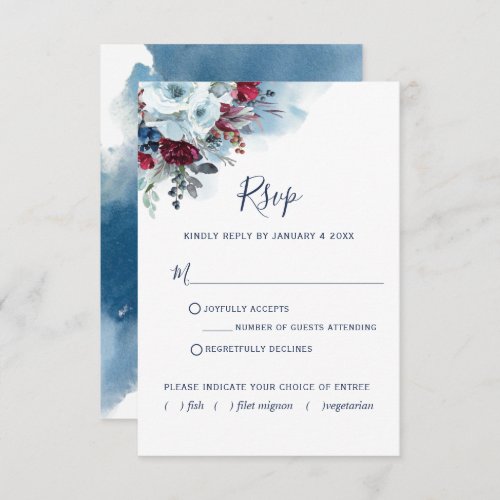 Burgundy Red and Blue Floral and Watercolor  RSVP Card