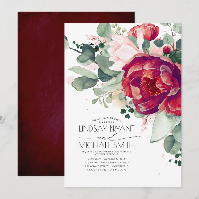 Burgundy Red and Blush Floral Elegant Boho Wedding Invitation (Front/Back)
