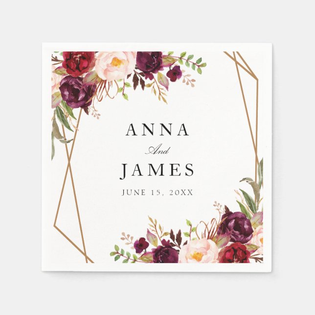 burgundy red and blush floral geometric napkins (Front)