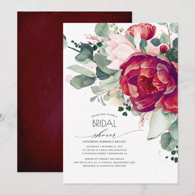 Burgundy Red and Blush Floral Modern Bridal Shower Invitation (Front/Back)