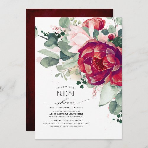 Burgundy Red and Blush Floral Modern Bridal Shower Invitation