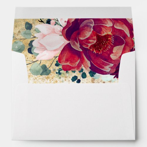 Burgundy Red and Blush Flowers Gold Glitter Envelope