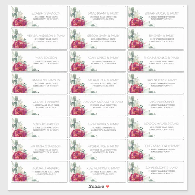 Burgundy Red and Blush Guest Names Address Labels | Zazzle