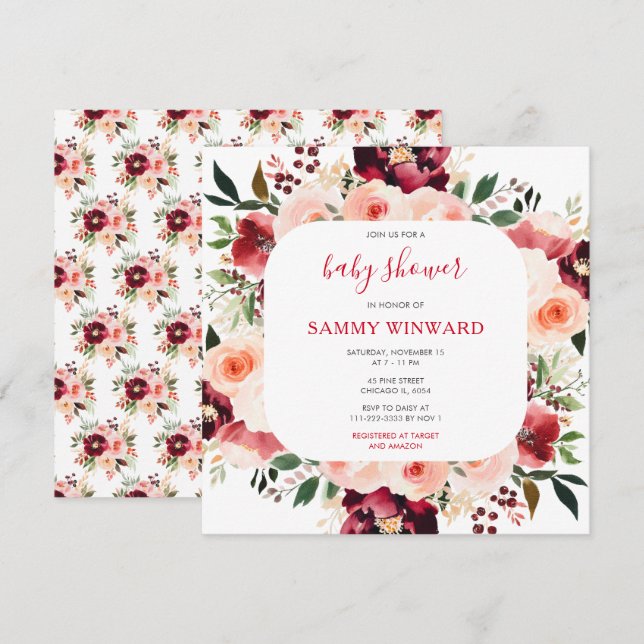 Burgundy Red and Blush Pink Floral Baby Shower Invitation (Front/Back)