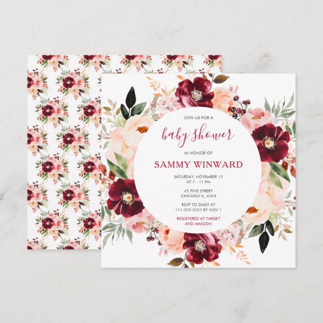 Burgundy Red and Blush Pink Floral Baby Shower Invitation (Front/Back)