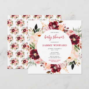 Burgundy Red and Blush Pink Floral Baby Shower Invitation