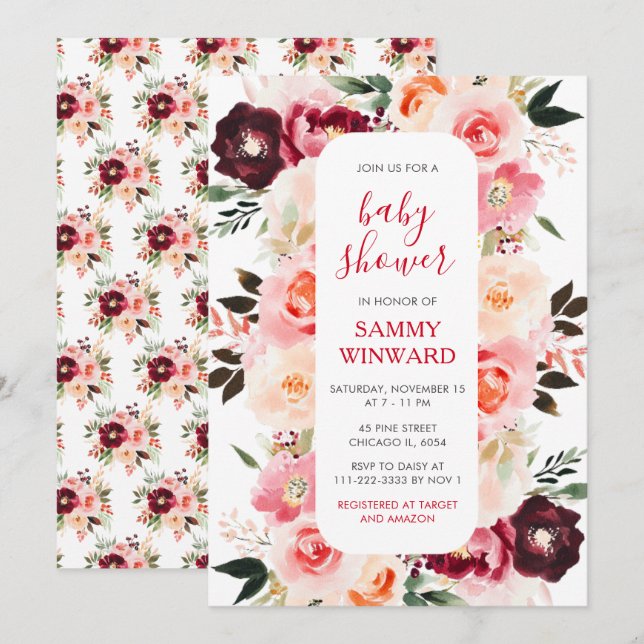 Burgundy Red and Blush Pink Floral Baby Shower Invitation (Front/Back)