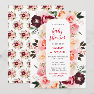 Burgundy Red and Blush Pink Floral Baby Shower Invitation