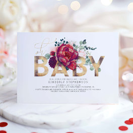Burgundy Red and Blush Pink Floral Baby Shower Invitation