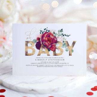 Burgundy Red and Blush Pink Floral Baby Shower Invitation