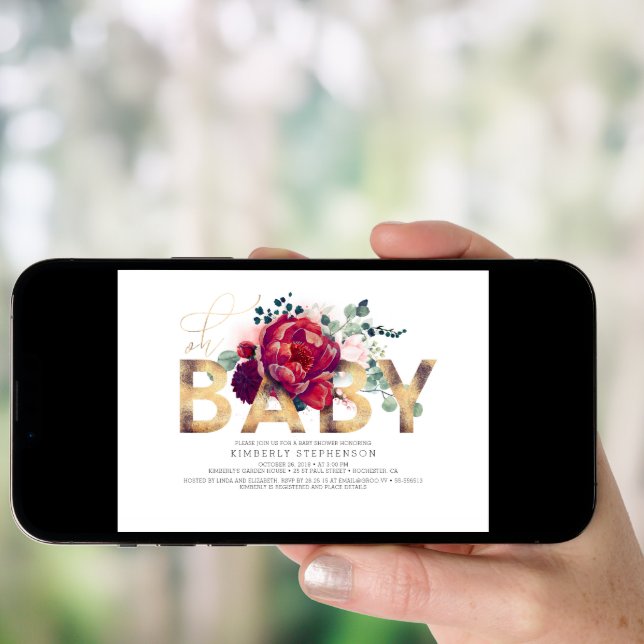 Burgundy Red and Blush Pink Floral Baby Shower Invitation (Front Digital)