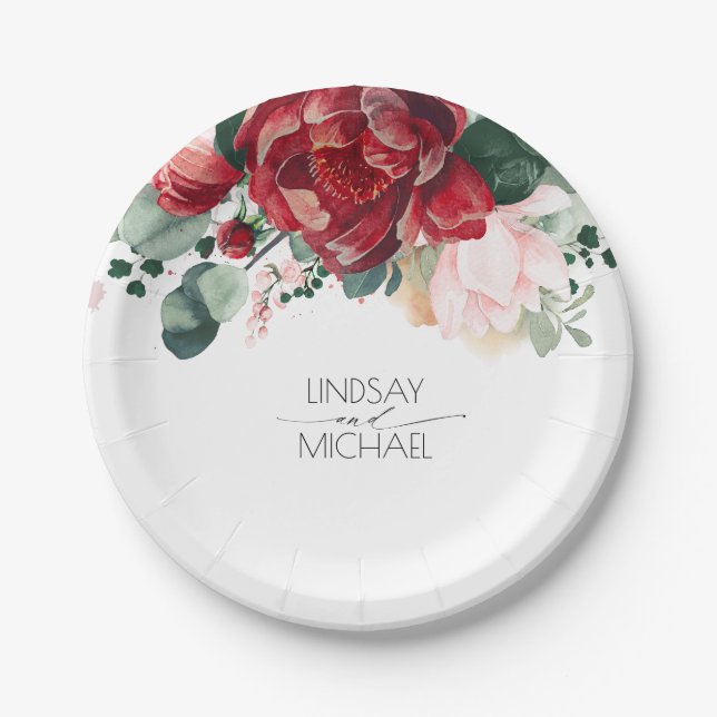 Burgundy Red and Blush Pink Floral Elegant Wedding Paper Plates (Front)