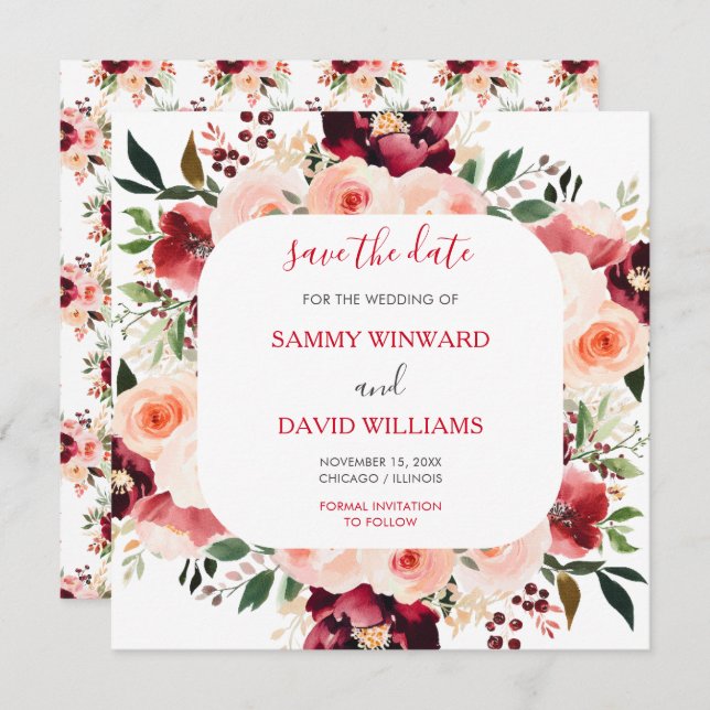Burgundy Red and Blush Pink Floral Save The Date (Front/Back)