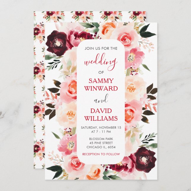 Burgundy Red and Blush Pink Floral Wedding Invitation (Front/Back)