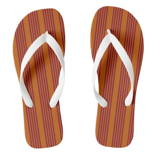 Burgundy red and burnt orange five stripe pattern flip flops