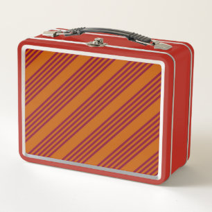 Burgundy red and burnt orange five stripe pattern. metal lunch box