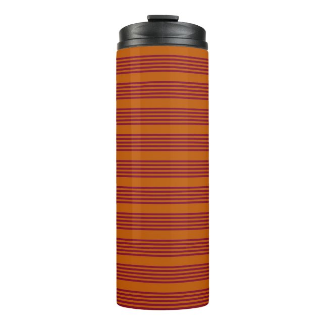 Burgundy red and burnt orange five stripe pattern. thermal tumbler (Front)