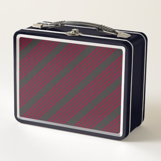 Burgundy red and charcoal five stripe pattern metal lunch box (Front)