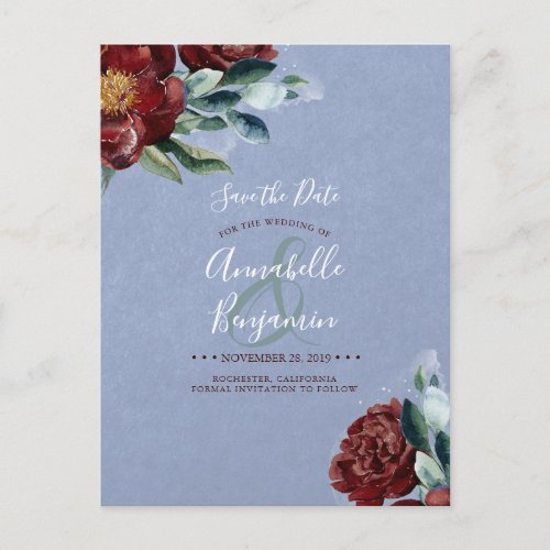 Burgundy Red and Dusty Blue Floral Save the Date Announcement Postcard