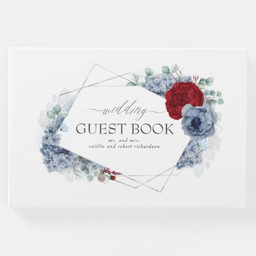 Burgundy Red and Dusty Blue Floral Wedding Guest Book