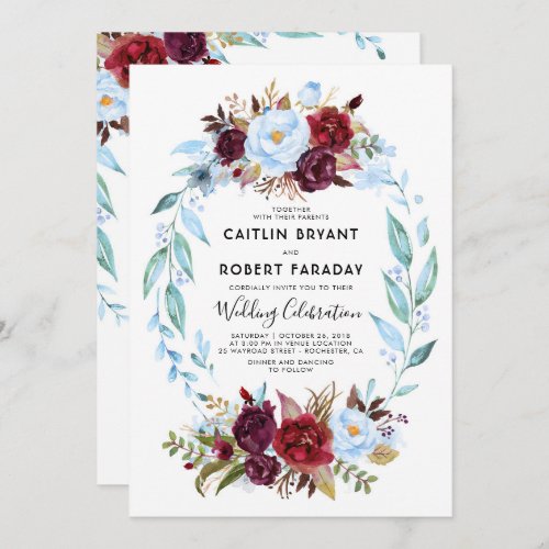 Burgundy Red and Dusty Blue Floral Wedding Invitation