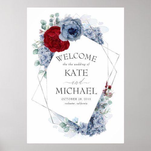 Burgundy Red and Dusty Blue Floral Wedding Welcome Poster