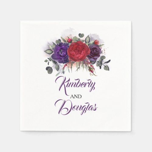 Burgundy Red and Eggplant Purple Floral Wedding Napkins