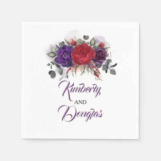 Burgundy Red and Eggplant Purple Floral Wedding Napkins (Front)