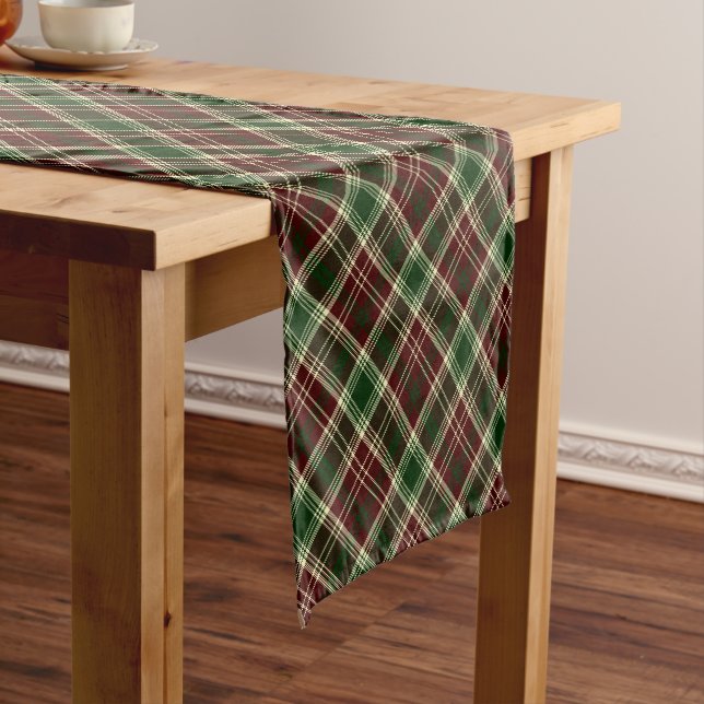 Burgundy Red and Forest Green Plaid Pattern Short Table Runner (In Situ)