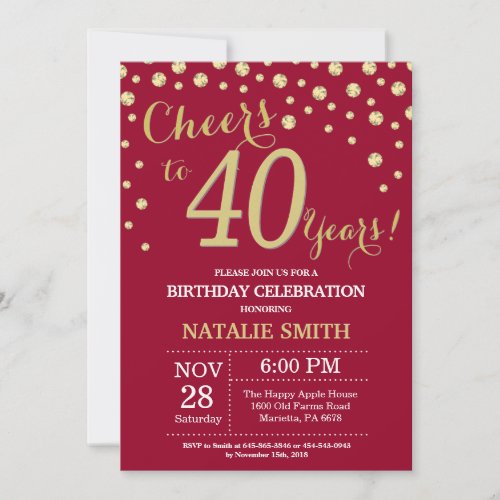 Burgundy Red and Gold 40th Birthday Diamond Invitation