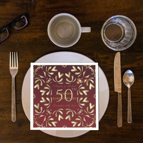 Burgundy Red And Gold 50th Wedding Anniversary Napkins