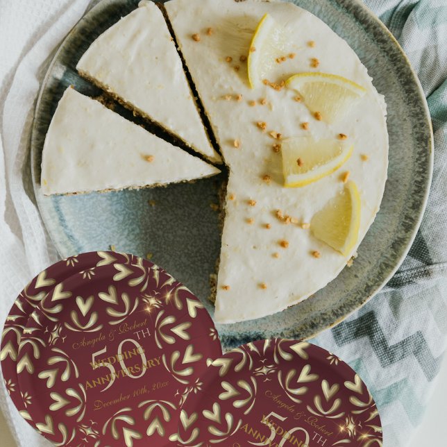 Burgundy Red And Gold 50th Wedding Anniversary Paper Plates (Creator Uploaded)