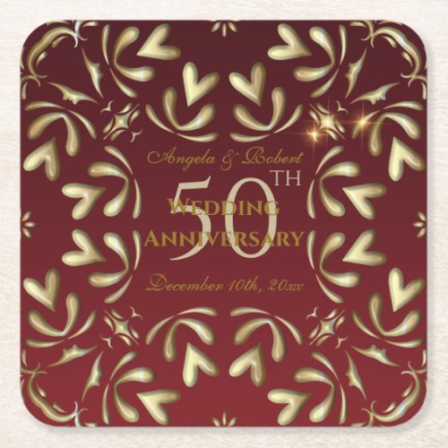 Burgundy Red And Gold 50th Wedding Anniversary Square Paper Coaster