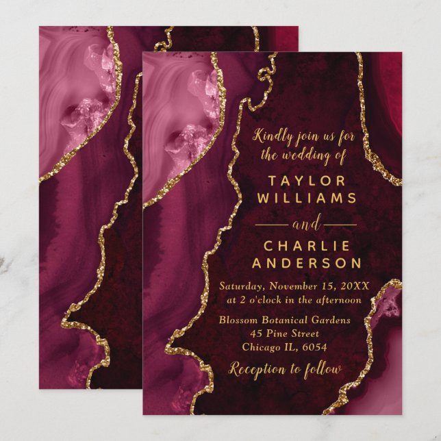 Burgundy Red and Gold Agate Marble Wedding Invitation (Front/Back)
