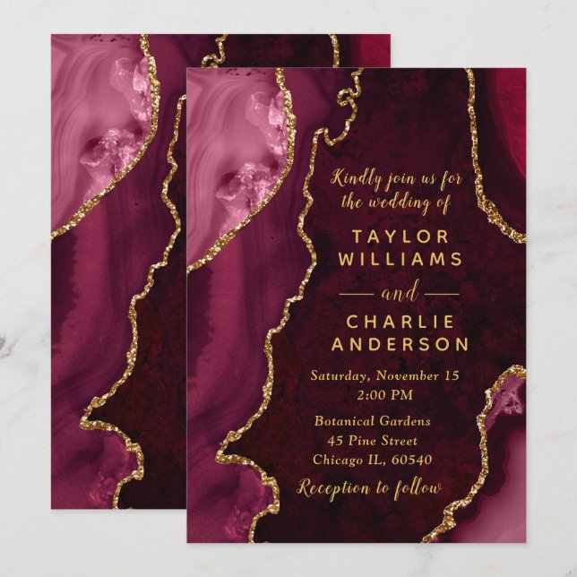 Burgundy Red and Gold Agate Marble Wedding Invitation (Front/Back)