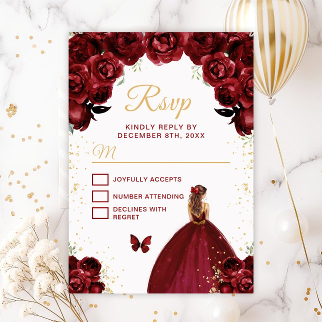 Burgundy Red and Gold Brown Hair Princess RSVP Card (Creator Uploaded)