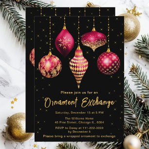 Burgundy Red and Gold Christmas Ornament Exchange Invitation