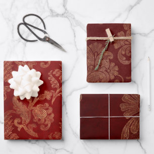 Burgundy Red and Gold Damask Christmas Wrapping Paper Sheets